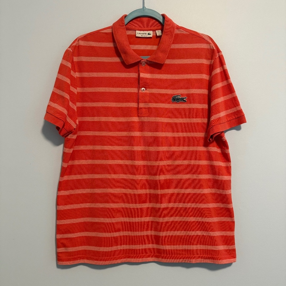 Lacoste Men’s Polo Red Coral Striped Crocodile Logo Classic Size L‎